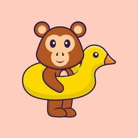 singe mignon avec bouée de canard. concept de dessin animé animal isolé. peut être utilisé pour un t-shirt, une carte de voeux, une carte d'invitation ou une mascotte. style cartoon plat vecteur