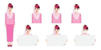 personnage de dessin animé avec hôtesse de l'air musulmane en uniforme rose avec sourire, masque médical et modèle d'affiche tenant. ensemble d'illustrations vectorielles isolées vecteur