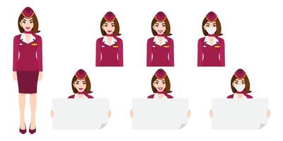 personnage de dessin animé avec hôtesse de l'air en uniforme rose avec sourire, masque médical et modèle d'affiche tenant. ensemble d'illustrations vectorielles isolées vecteur