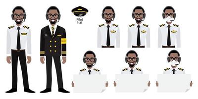 personnage de dessin animé avec le capitaine de la compagnie aérienne africaine américaine en uniforme avec sourire, masque médical et modèle d'affiche tenant. ensemble d'illustrations vectorielles isolées
