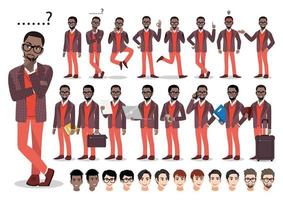 jeu de caractères de dessin animé d'homme d'affaires afro-américain. bel homme d'affaires en costume intelligent. illustration vectorielle vecteur
