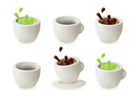 3d différent blanc tasse avec chaud café ou matcha latté éclaboussure dessin animé style. vecteur