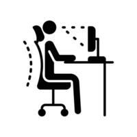 ergonomique lieu de travail icône. ordinateur bureau poste de travail infographie. correct les postures Bureau syndrome de retour corps position pour colonne vertébrale, cou se soucier, œil vue. solide, glyphe style. vecteur illustration. eps dix