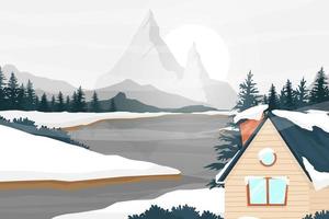 maison et paysage de lac de montagne en illustration vectorielle d'hiver vecteur
