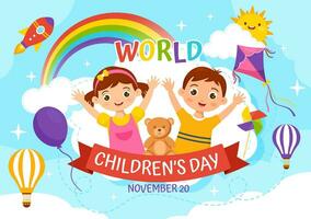 monde enfants journée vecteur illustration sur 20 novembre avec des gamins et arc en ciel dans les enfants fête dessin animé brillant ciel bleu Contexte conception