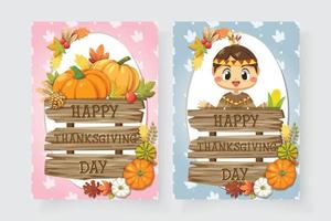 joyeuses icônes du jour de Thanksgiving avec des filles et des panneaux en bois divers. vecteur
