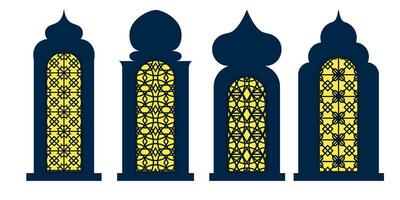 collection de arabe Oriental les fenêtres, arches et des portes. laser Couper gril. moderne conception dans noir fo cadres mosquée dôme et lanternes islamique Ramadan kareem et eid mubarak style. vecteur illustration