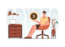 le concept de exploitation minière et extraction de Bitcoin. le gars est assis dans une chaise et détient une bitcoin pièce de monnaie dans le sien mains. personnage avec une moderne style. vecteur