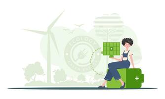 éco énergie concept. une femme est assis sur une batterie et détient une solaire panneau dans sa mains. vecteur. branché style. vecteur