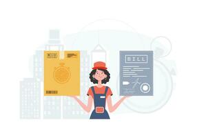 Accueil livraison concept. une femme courrier est en portant une parcelle et une vérifier. dessin animé style. vecteur. vecteur