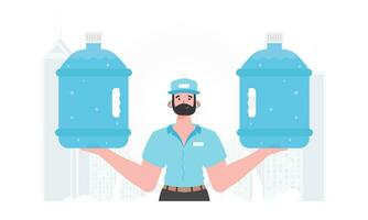 l'eau livraison concept. le homme est en portant une grand l'eau bouteille. dessin animé style personnage est représenté à le taille. vecteur illustration.