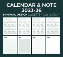 moderne mensuel calendrier et Remarque pour 2023, 2024, 2025, 2026, le la semaine départs sur lundi, calendrier dans le style de minimaliste conception, lettre Taille vecteur