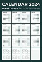 moderne mensuel calendrier et Remarque pour 2024, le la semaine départs sur lundi, calendrier dans le style de minimaliste conception, lettre taille. vecteur