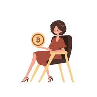 le fille est assis dans une chaise et détient une bitcoin dans sa mains. personnage avec une moderne style. vecteur