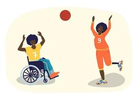 les personnes handicapées jouent au basket. des adolescents afro-américains handicapés jouent au basket-ball. un gars en fauteuil roulant. une fille avec une jambe prothétique. illustration de dessin animé de vecteur