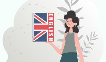 le concept de apprentissage Anglais. une femme détient un Anglais dictionnaire dans sa mains. branché style. vecteur illustration.