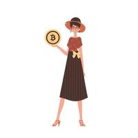une femme détient une bitcoin dans sa mains. personnage dans branché style. vecteur