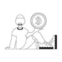 une unique homme est en portant une bitcoin pièce de monnaie. linéaire noir et blanc style. vecteur