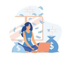 passif le revenu concept, Jeune femme travail dans de face de portable avec argent autour son, plat vecteur moderne illustration