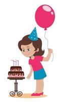 la fille d'anniversaire à la fête souffle les bougies sur le gâteau. personnage de dessin animé isolé sur fond blanc. illustration vectorielle. vecteur