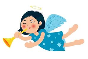 mignon petit ange de noël avec trompette. petite fille asiatique. personnage de dessin animé. illustration vectorielle. vecteur