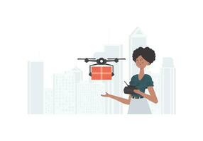 une femme contrôles une quadcopter avec une colis. livraison thème. vecteur. vecteur