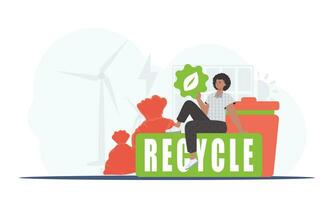 une homme est assis suivant à une paquet de correct nourriture et détient un eko icône. le concept de écologie, recyclage et vert planète. tendance vecteur illustration.