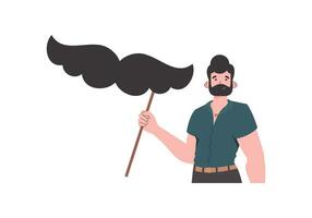 une homme détient une moustache sur une bâton. dessin animé style. isolé. vecteur illustration.