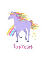 mignonne violet Licorne avec arc en ciel et étoiles pour conception. vecteur fantastique personnage pour tee-shirts, cartes, autocollants, broderie, isolé sur blanc Contexte