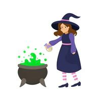 mignonne sorcière verser potion dans sorcière chaudron, Halloween illustration vecteur