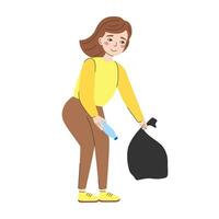 Jeune femme collecte des ordures dans ordures sac. fille en portant Plastique bouteille et sac dans mains. bénévole, environnement protection concept. vecteur plat illustration isolé sur blanc Contexte