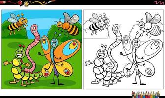 page de livre de coloriage de groupe de personnages d'insectes de dessin animé vecteur