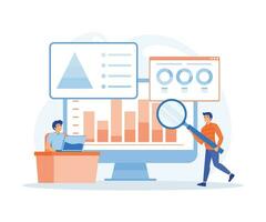 Les données une analyse pour affaires la finance investissement concept, affaires gens équipe travail sur moniteur graphique tableau de bord, plat vecteur moderne illustration