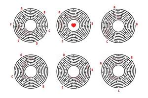 un ensemble de labyrinthes ronds. jeu pour les enfants. casse-tête pour les enfants. énigme du labyrinthe. illustration vectorielle plane isolée sur fond blanc. avec réponse. vecteur