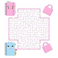 labyrinthe carré de couleur. jeu pour les enfants. casse-tête pour les enfants. aidez les mignons cahiers à se rencontrer. énigme du labyrinthe. illustration vectorielle plane. style de bande dessinée. vecteur