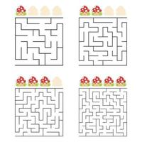 un ensemble de labyrinthes carrés. quatre niveaux de difficulté. champignons mignons. jeu pour les enfants. une entrée, une sortie. énigme du labyrinthe. illustration vectorielle plane isolée sur fond blanc. vecteur