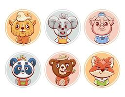 ensemble de vecteur Icônes et avatars avec mignonne animaux - cochon, Panda, ours, souris, Renard et RAM dans dessin animé bande dessinée style