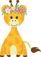 adorable girafe avec couronne floral sur tête vecteur