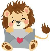 mignonne Lion en portant une lettre enveloppe vecteur