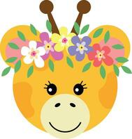 mignonne girafe visage avec couronne floral sur tête vecteur