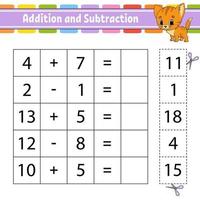 addition et soustraction. tâche pour les enfants. feuille de travail de développement de l'éducation. page d'activité. jeu pour les enfants. drôle de personnage. illustration vectorielle isolée. style de bande dessinée. vecteur