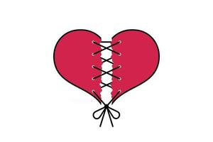 coeur rose déchiré comme un amour brisé cousu avec du fil noir sur fond blanc. carte vectorielle pour la Saint-Valentin. vecteur