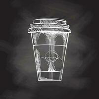dessiné à la main esquisser de café à emporter tasse sur tableau noir Contexte. griffonnage illustration. écologie concept. vecteur. vecteur