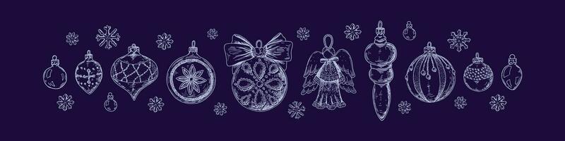 ensemble de content Nouveau année et joyeux Noël des balles dans esquisser style. dessiné à la main Noël arbre décoration. ancien jouets, verre boules, ange figure vecteur