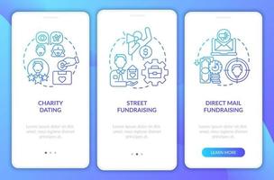 écran de page d'application mobile d'intégration de types de collecte de fonds. Procédure pas à pas pour réunion de charité Instructions graphiques en 3 étapes avec concepts modèle vectoriel ui, ux, gui avec des illustrations en couleurs linéaires