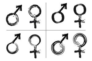Masculin et femelle panneaux de encre brosse coups grunge peint style. Vénus et Mars symboliser le grunge vecteur de Masculin et femelle Icônes.