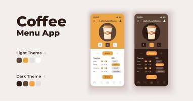 Ensemble de modèles vectoriels d'interface de smartphone de dessin animé de menu de café. conception de mode nuit et jour de la page d'écran de l'application mobile. boissons caféinées en commandant l'interface utilisateur pour l'application. écran de téléphone avec caractère plat vecteur