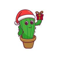 mignonne dessin animé cactus personnage en portant cadeau boîte dans vecteur icône illustration