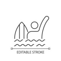 signal d'urgence pour l'icône linéaire de noyade. agitant le bras au-dessus de la tête. surfeur en situation dangereuse. illustration personnalisable de fine ligne. symbole de contour. dessin de contour isolé de vecteur. trait modifiable vecteur