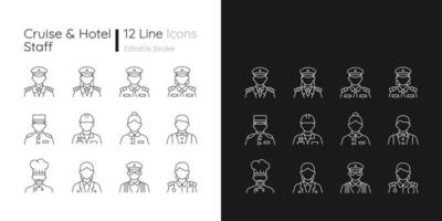 icônes linéaires du personnel de la croisière et de l'hôtel définies pour les modes sombre et clair. contrôle d'équipage professionnel. symboles de ligne mince personnalisables. illustrations de contour de vecteur isolé. trait modifiable